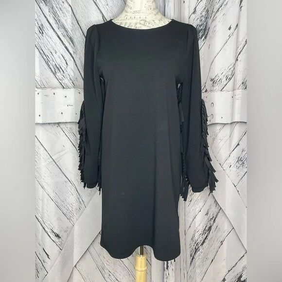 SoAllure Dresses & Skirts - SoAllure Black Dress Fringe Sleeves Made in Italy Size 44 US 8